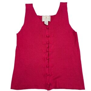 Vtg Express Tricot Pink Knit Tank Top Bow Button Front Linen Cotton Blend Medium